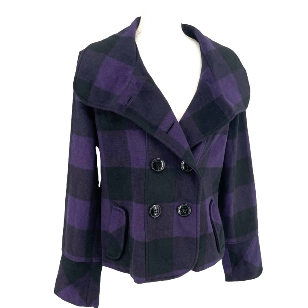 Guess Woman's Pea Coat In Purple And Black Buffalo Plaid